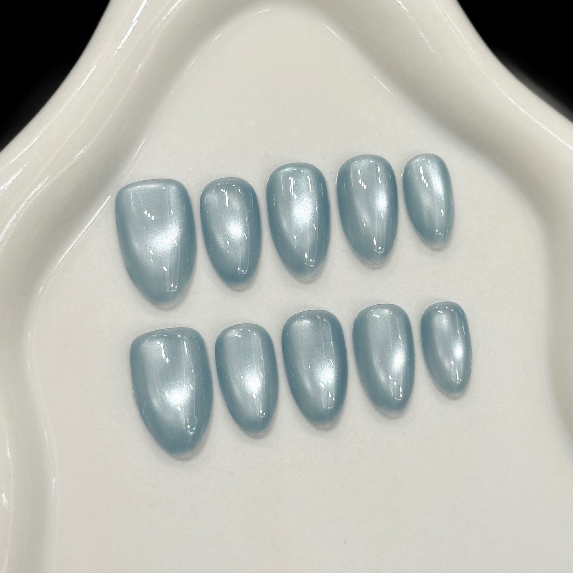 Nail Art Cat Eye Simple - 10Pcs Blue Cat Eye French Short