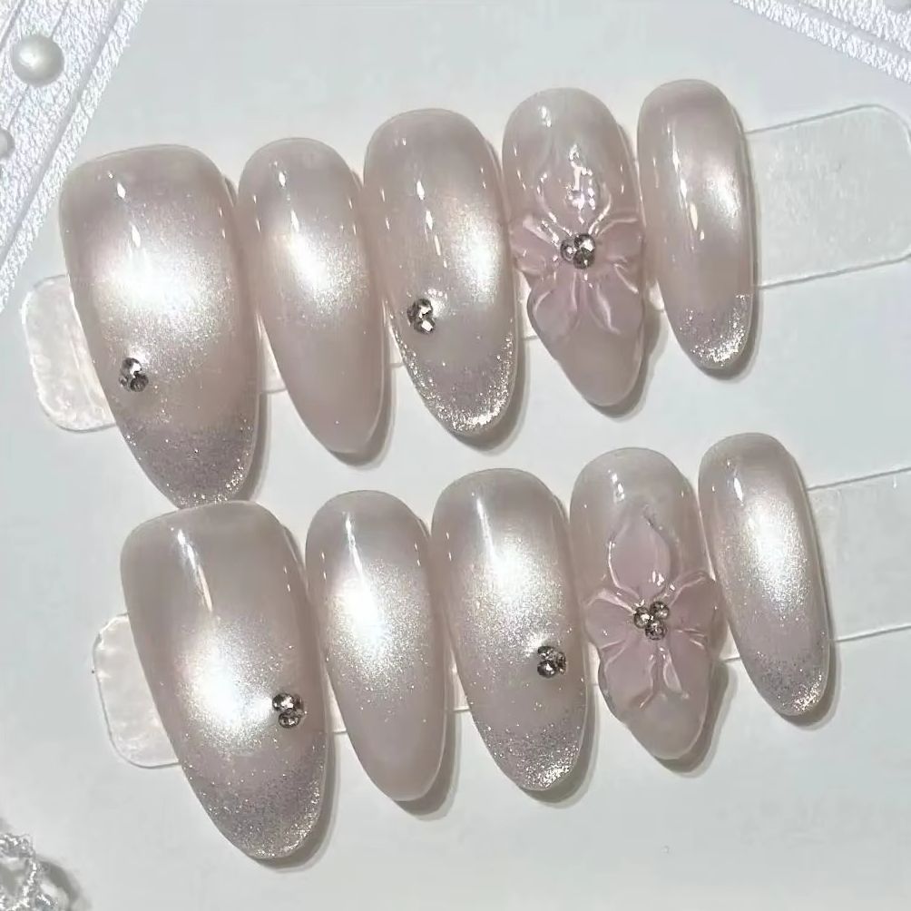 10Pcs Pink Sweet French Almond - đánh giá và giá Nail Art Cat Eye Simple